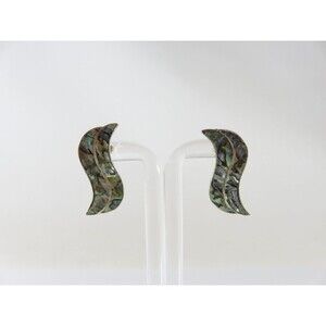 Vintage Modernist Wavy Abalone & Sterling G Taxco Mexico Silver Screw Back Earri